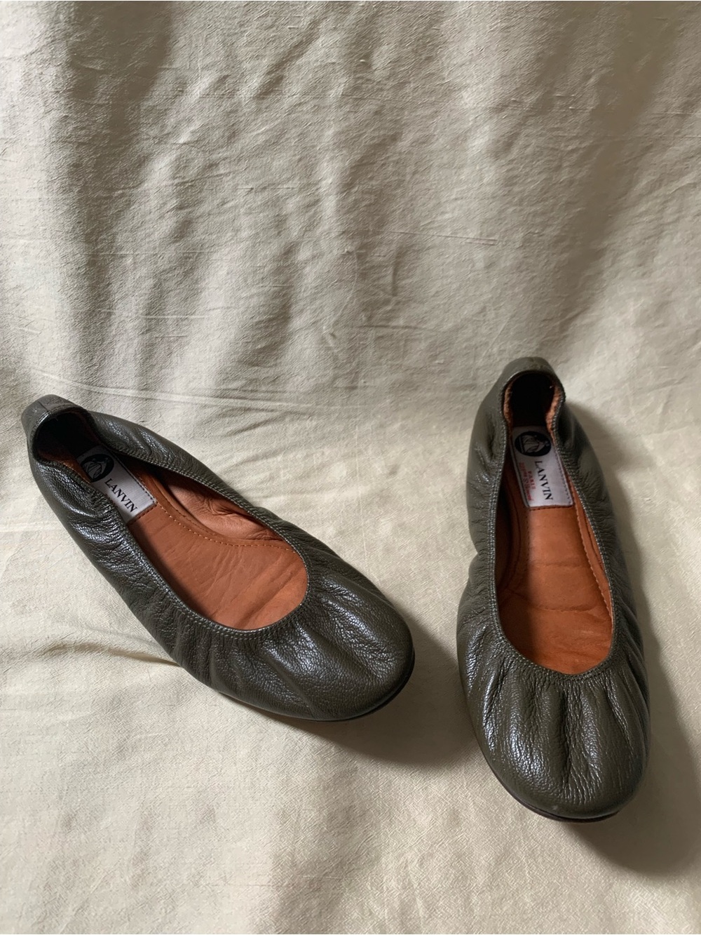 Lanvin Dark Olive Green Leather Ballet Flats